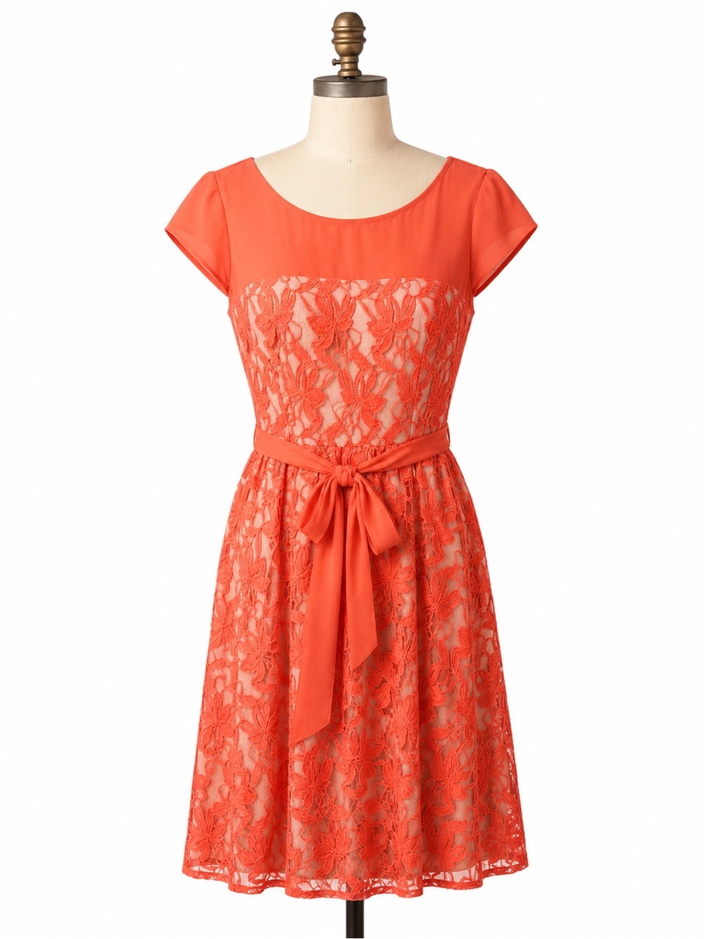 Danny & Nicole Coral Lace Midi Dress with Waist Sash